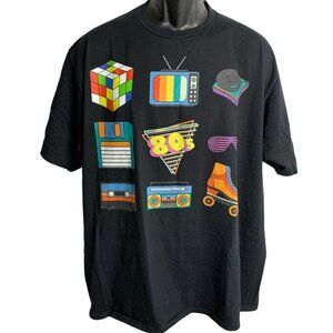 Retro 80s Nostalgia Crewneck T Shirt 2XL Black Cotton Short Sleeves Graphic